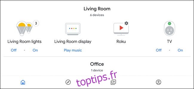 Application Assistant Google affichant les appareils regroupés dans le salon