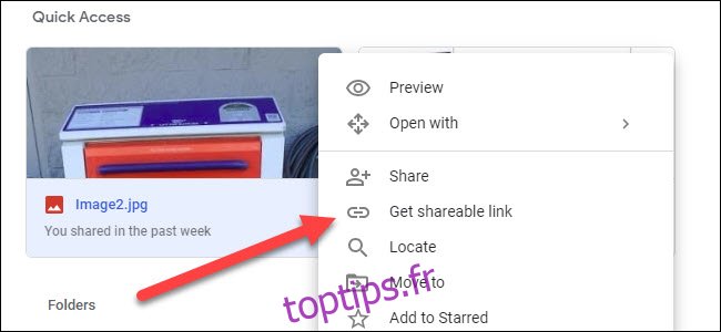 Sous-menu Google Drive affichant l'option Obtenir un lien partageable.