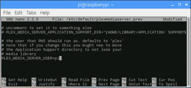 fenêtre de terminal: changer Plex en Pi en tant qu'utilisateur