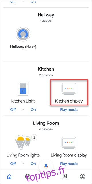 Application Google Home avec boîte autour de l'option d'affichage de la cuisine (un Google Home Hub nommé)