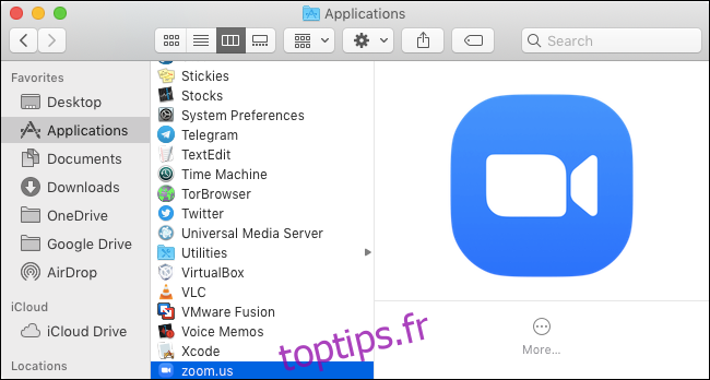 Zoomer l'application dans le dossier Applications Mac