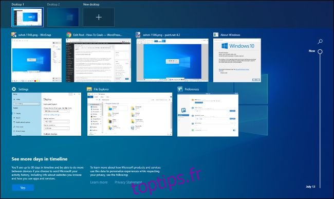 Interface d'affichage des tâches sur Windows 10.