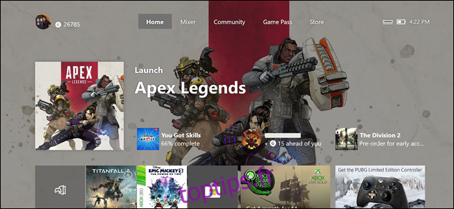 Écran d'accueil Xbox avec fonction Apex Legends