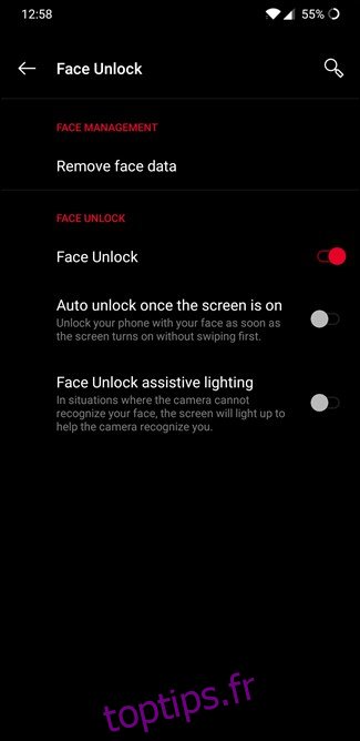Options de déverrouillage du visage OnePlus 6T