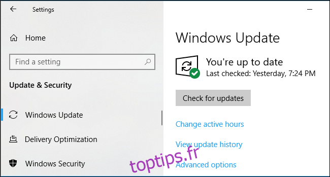 Paramètres de Windows Update sur Windows 10