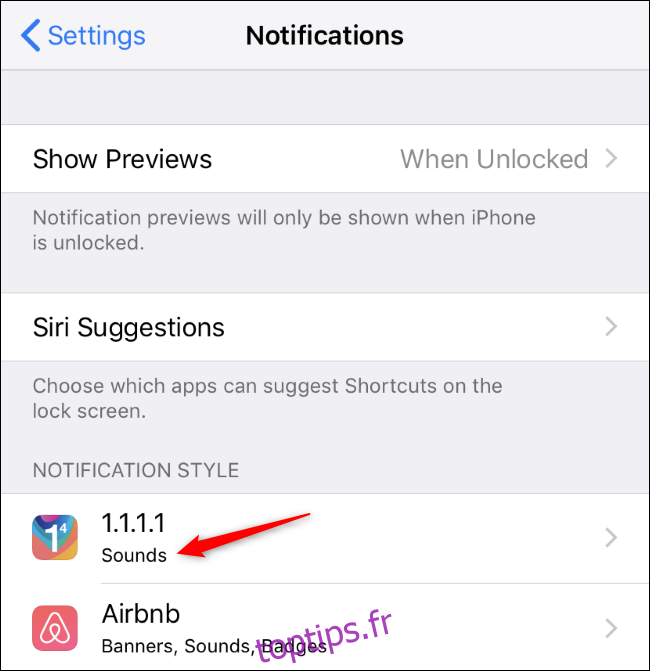 Écran de notifications iPhone affichant une application avec uniquement des alertes sonores.