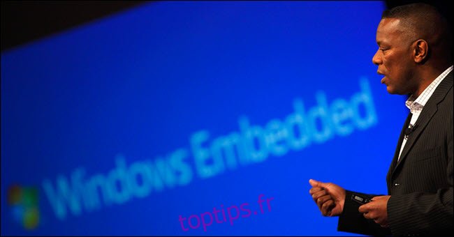 Homme parlant devant le logo Windows Embedded.