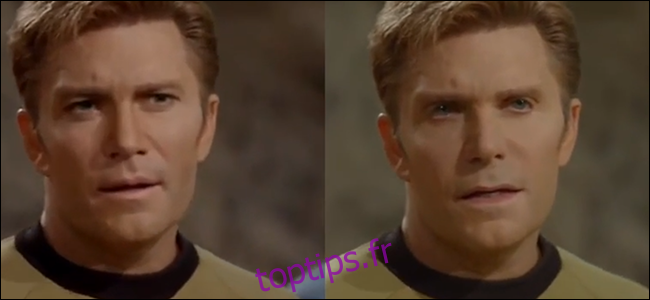 Une scène de Star Trek avec le capitaine Kirk joué par Vic Mignogna. Les fans ont créé un deepfake de cette scène où le visage de William Shatner est superposé à celui de Vic. Ironiquement, le visage de Vic est celui qui a l'air profondément enfoncé.