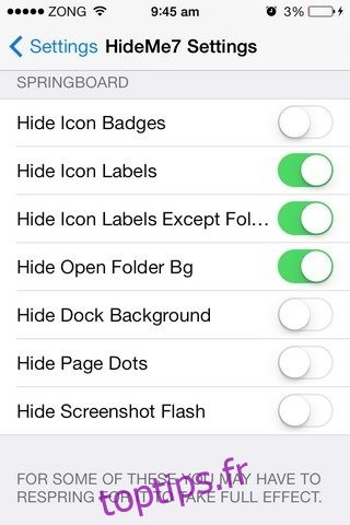 Paramètres de HideMe7 iOS SpringBoard