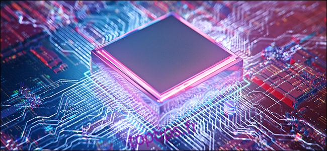 Illustration 3D du processeur sur fond de carte de circuit imprimé