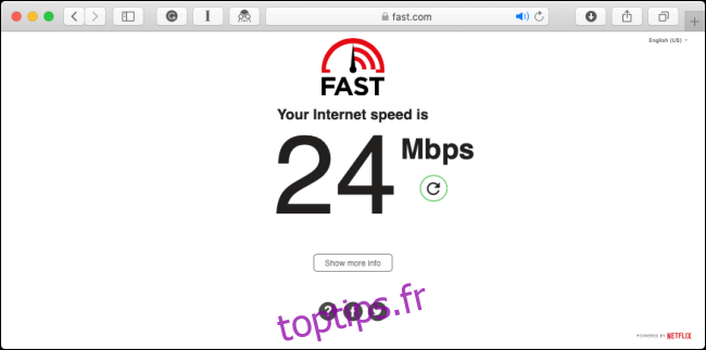 Un test de vitesse Internet sur le site Fast.com.