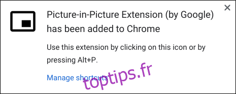 La notification indiquant que l'extension a été installée avec succès sur Chrome.
