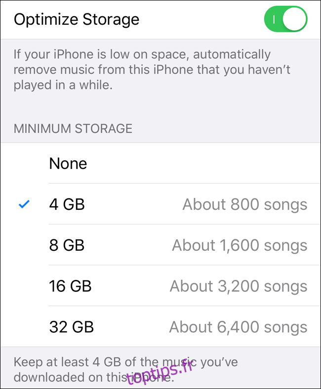 Sélectionnez Stockage minimum dans Optimiser le stockage pour Apple Music