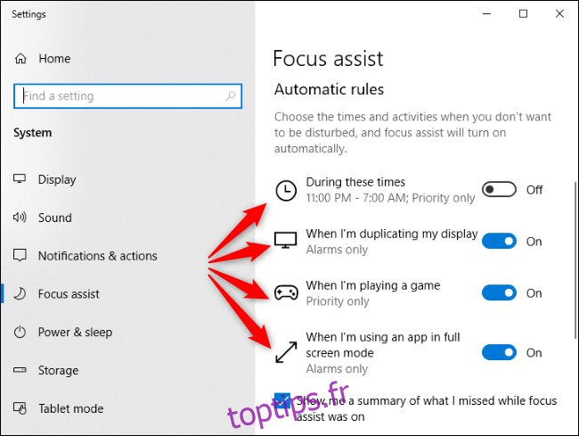 Règles automatiques Focus Assist dans Windows 10