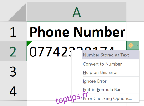 Numéro de téléphone stocké sous forme de texte dans Excel