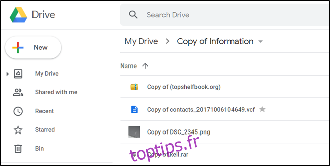 Fichiers copiés dans un dossier Google Drive.