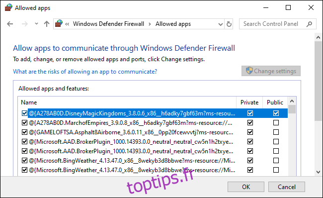 Une liste d'applications autorisées par le pare-feu Windows Defender.