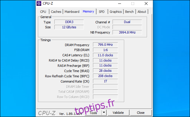 CPU-Z montrant les timings RAM