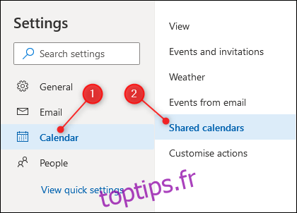 Paramètres du calendrier Outlook avec les paramètres du calendrier partagé en surbrillance.
