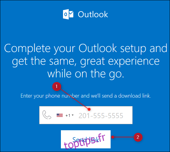 La page Web Outlook qui envoie un lien vers l'application mobile Outlook.