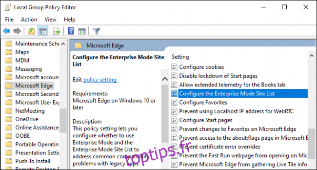 Configuration de la liste des sites en mode entreprise sous Windows 10.