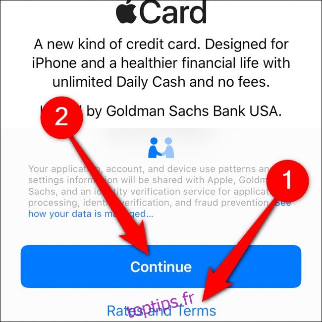 iPhone Wallet Apple Card Lire les conditions Appuyez sur Continuer