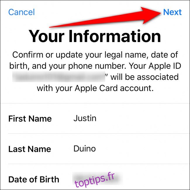 Portefeuille iPhone Confirmez vos informations Appuyez sur Suivant