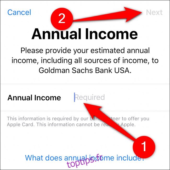 Portefeuille iPhone Entrez le revenu annuel