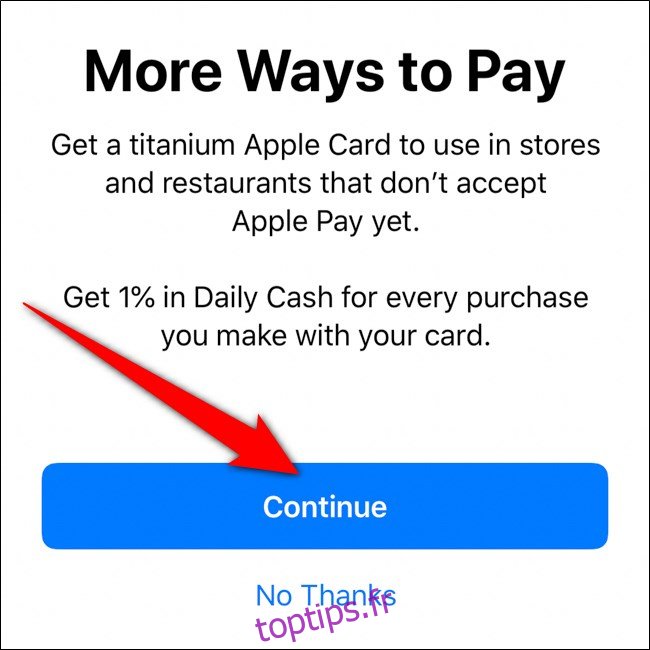 iPhone Wallet Order Titanium Apple Card Cliquez sur Continuer