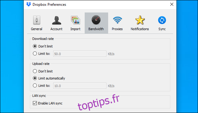 Préférences de Dropbox affichant les options Activer la synchronisation LAN