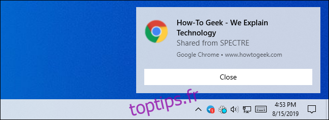 Notification pour un onglet partagé dans Google Chrome sous Windows 10