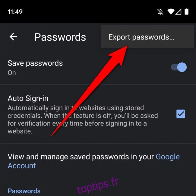 Option de mots de passe d'exportation Chrome Android