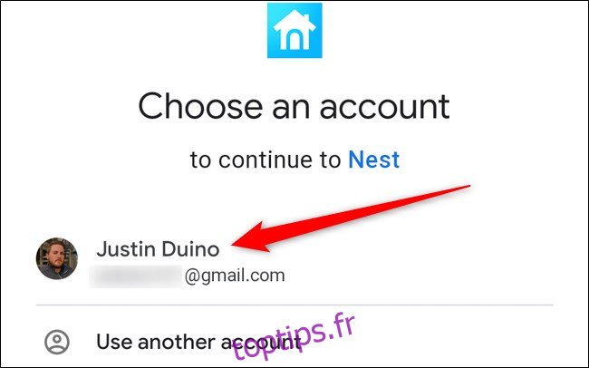 Application Nest Sélectionnez votre compte Google