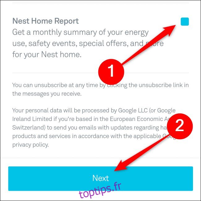 Sélectionnez les e-mails à recevoir dans l’application Nest Cliquez sur Suivant