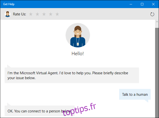 Demander à l'agent de support virtuel un représentant humain sur Windows 10