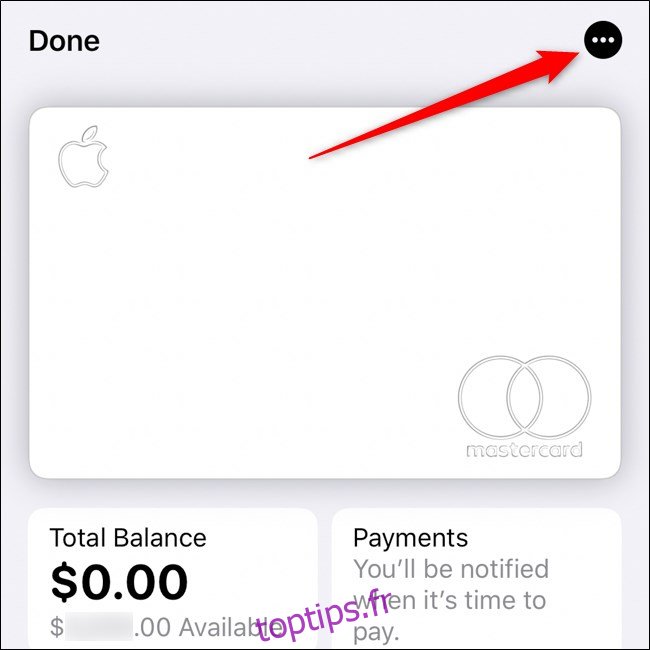 iPhone Wallet App Bouton de sélection de la carte Apple à trois points