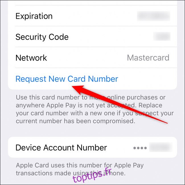 Bouton de demande de nouveau numéro de carte iPhone Apple Card