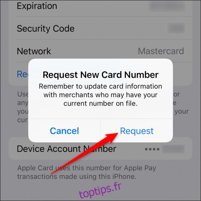 Confirmation d'un nouveau numéro de carte pour iPhone Apple Card