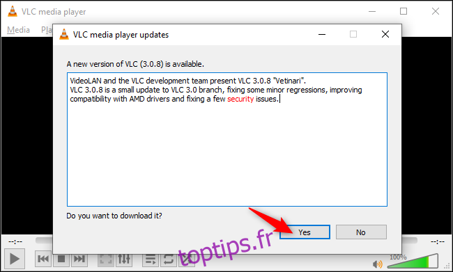 Installation d'une mise à jour disponible dans le lecteur multimédia VLC sous Windows 10