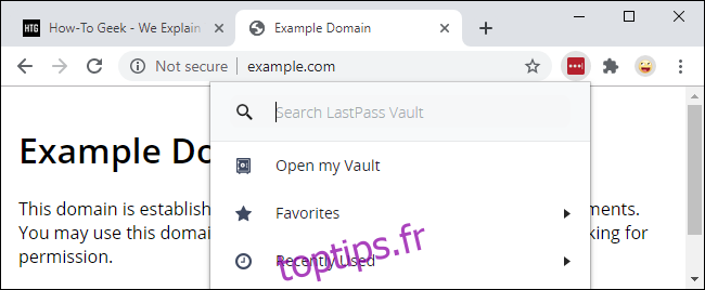Utilisation de l'extension LastPass depuis le menu Extensions de Chrome