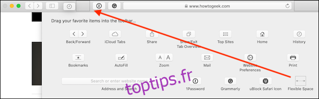 Ajouter un espace flexible entre les boutons de la barre d'outils Safari