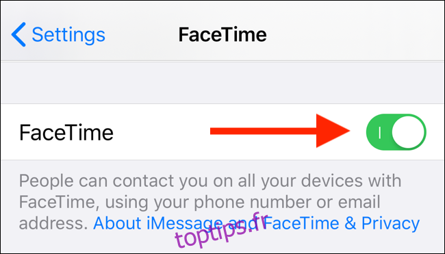 Appuyez sur le bouton bascule FaceTime pour désactiver FaceTime sur votre iPhone ou iPad