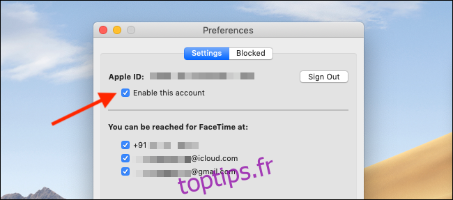 Décochez le bouton Activer ce compte dans les Préférences FaceTime pour désactiver FaceTime sur un Mac