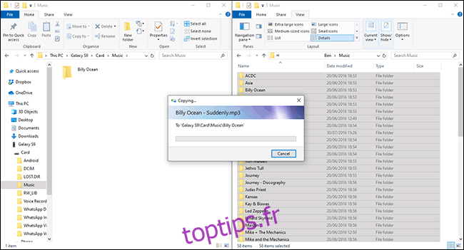 Transfert de fichiers de Windows vers un appareil Android dans l'explorateur de fichiers