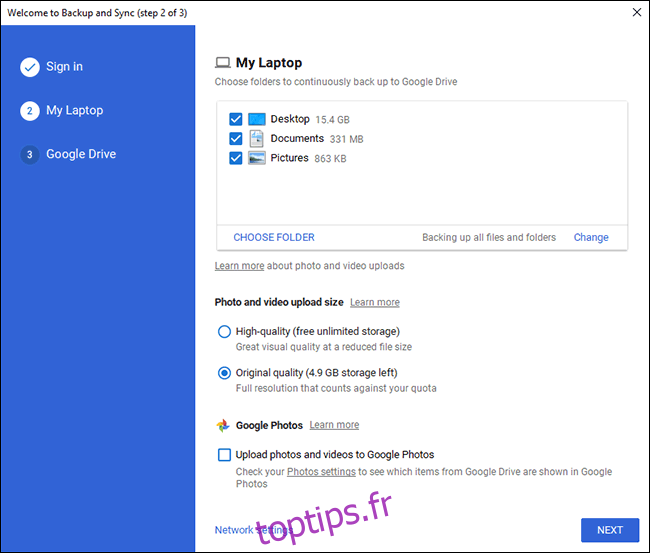 Écran de sélection du dossier Google Drive Backup PC