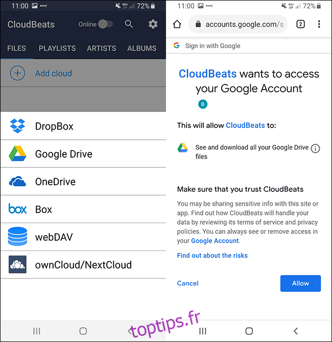 Autorisation Google Drive pour l'application Cloudbeats Android Music