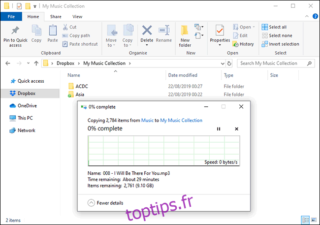 Téléchargement de fichiers vers Dropbox dans le Gestionnaire de fichiers Windows