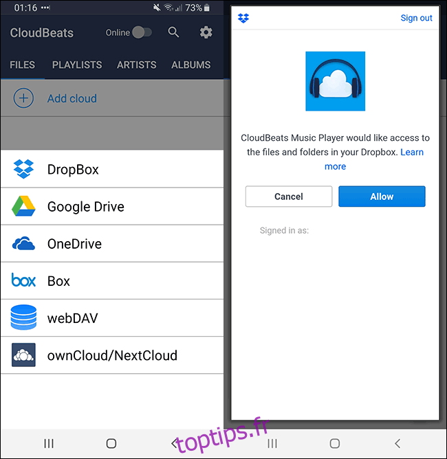 Application Cloudbeats Android affichant les options d'authentification Dropbox