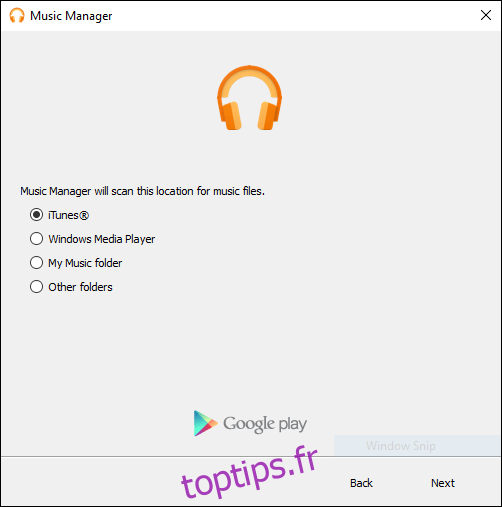 Écran de configuration de la pré-numérisation de Google Play Music Manager