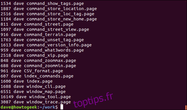 Liste de trois colonnes pour chaque fichier correspondant dans une fenêtre de terminal